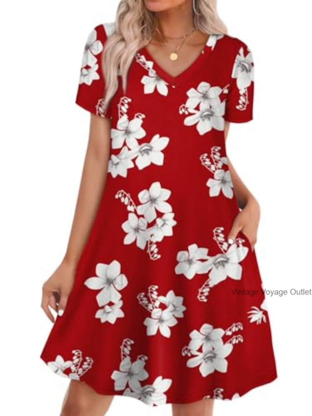 Boho Casual T Shirt Dress with Pockets A-Line V-Neck Short Sleeve Summer